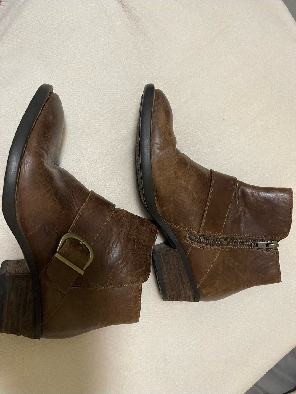 Born Brown Leather Ankle Booties with Side Zip and Buckle - Picture 9 of 9